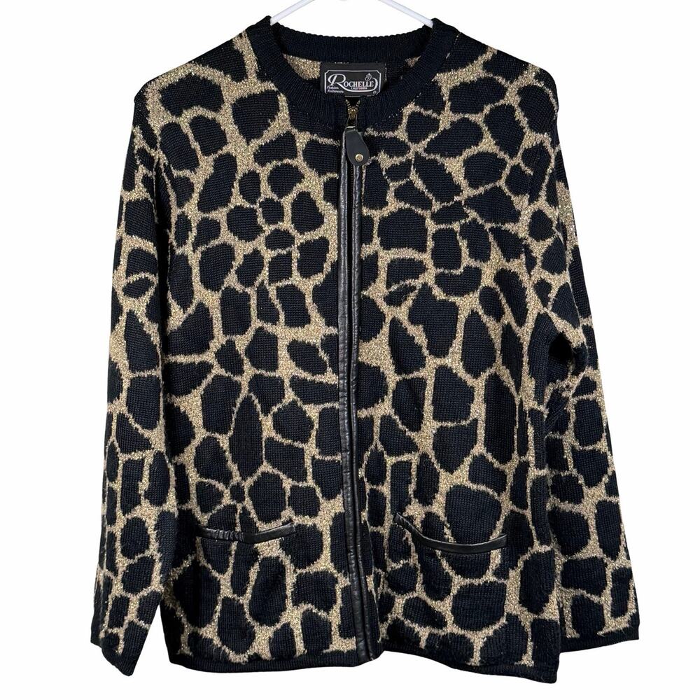Vintage Rochelle California Cardigan Womens Medium Cheetah Print Black Gold Wool